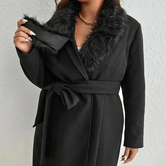 Black Party Women's Plus Borg Collar Belted Overcoat - Picture 6 of 6